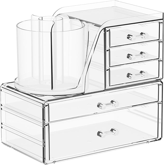 Clear Acrylic Makeup Organizers for Countertop & Vanity,2 Pack Cosmetic Storage Organizer with Brush Holder,Cute Makeup Holder and Make up Containers for Dresser Top,Dorm,Bathroom Skincare Organizer
