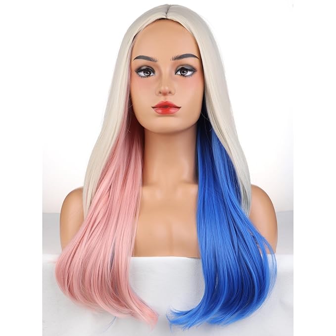 BERON Pink and Blue Wigs Long Wavy Wig for Women Girls Ombre Color Heat Resistant Synthetic Hair Wigs for Cosplay Party Daily or Use