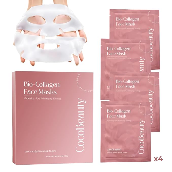 Bio Collagen Face Mask – Hydrating & Anti-Aging Korean Collagen Sheet Masks, Deep Hydration, Smooths Fine Lines, Overnight Face Mask for Radiant Skin (4 pcs)