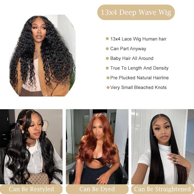 13x4 Deep Wave Lace Front Wigs Human Hair 13x4 HD Lace Front Wigs Lace Deep Curly Human Hair Wig For Women 180% Density Glueless Wigs Human Hair Pre Plucked For Beginners (30 Inch)