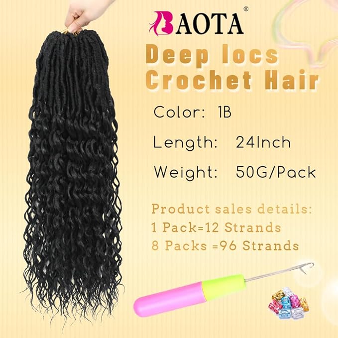 24 Inch Deep Faux Locs Crochet Hair Goddess Locs Crochet Hair for Women Faux Locs Crochet with Curly Ends Pre Looped Deep Wave Soft Locs Synthetic Hair Extension 8 Packs Black Color