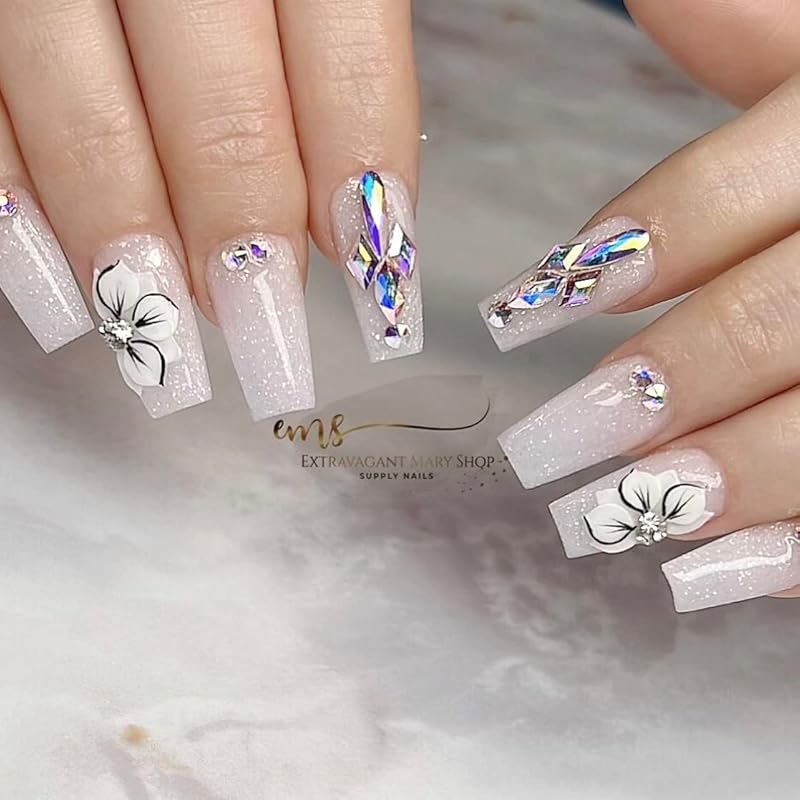 3D White Acrylic Flower Nail Art Charms Handmade by Acrylic Powder - 24pcs Flowers Nail Rhinestones Kit 3D Crystal Nail Pearls Design Acrylic Nail Art for Women (White)