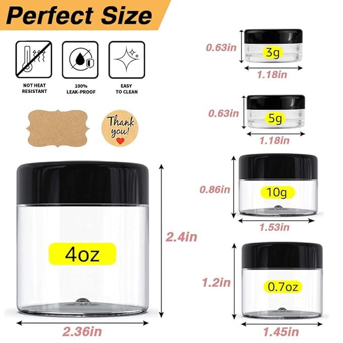 4 oz Plastic Containers with Lids 105pcs Bulk Plastic Jars with Lids + 3/5/10/20 Gram 20pcs Sample Containers Travel Jar– Great for Lip Scrub, Body Butters, Cream, Slime, Craft Storage