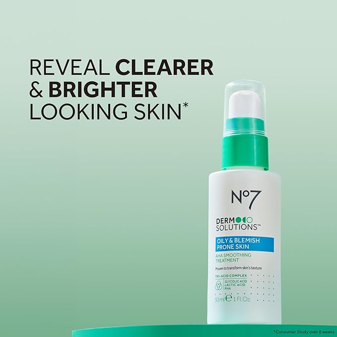 No7 Derm Solutions AHA Exfoliant & Face Toner with Lactic & Glycolic Acid - AHA Smoothing Treatment - Controls Oil and Minimizes Pores - for Oily & Blemish-Prone Skin (1 Fl Oz)