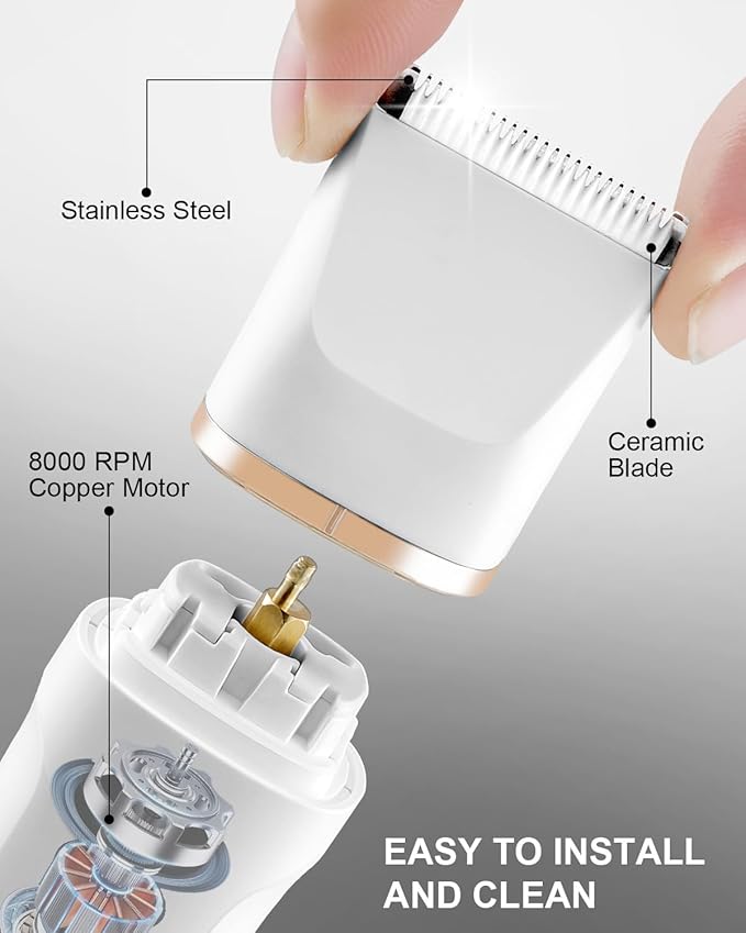 Areyzin Bikini Trimmer - Electric Razor for Women, 3 in 1 Pubic Hair Trimmer, USB Recharge Dock, Replaceable Ceramic Blade Heads, IPX7, White