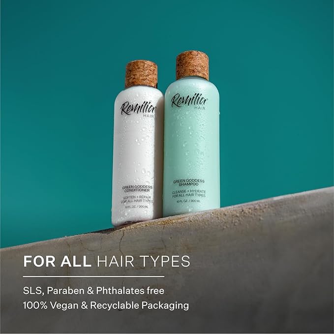 REMILIA Green Goddess Vegan Rosemary Shampoo and Conditioner Set for Dry, Damaged Hair w/Avocado Oil, Coconut Oil, Green Tea Extract