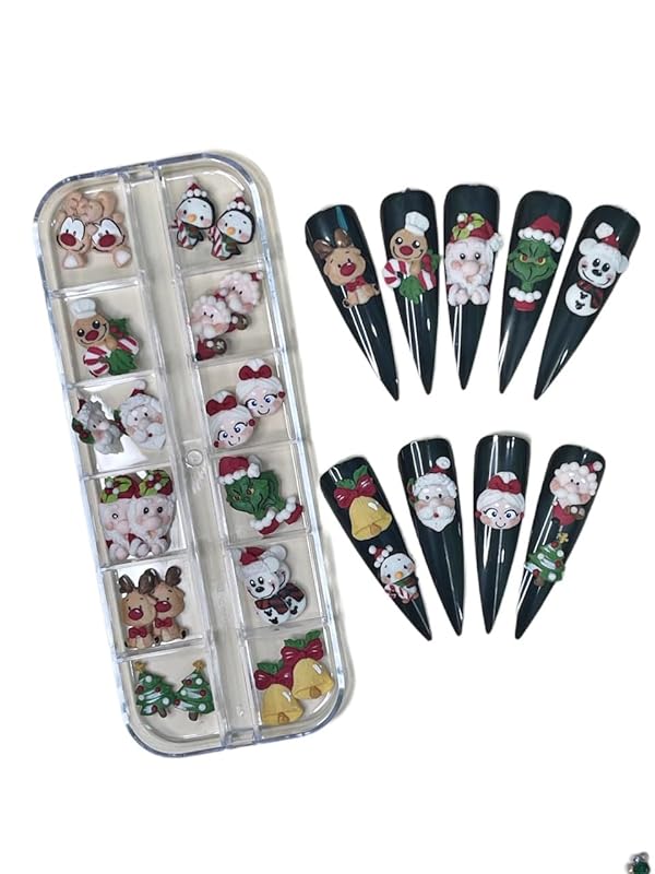 Set 24Pcs 3D Acrylic Christmas Nail Art Charms- Santa, Snowman, Reindeer,Pine tree, Penguin, Bear heart Handmade by Acrylic Powder (Cartoon character Noel)