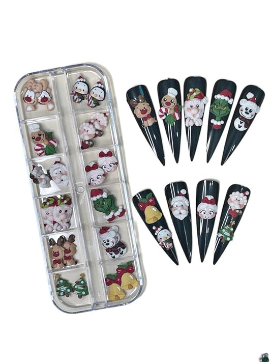 Set 24Pcs 3D Acrylic Christmas Nail Art Charms- Santa, Snowman, Reindeer,Pine tree, Penguin, Bear heart Handmade by Acrylic Powder (Cartoon character Noel)