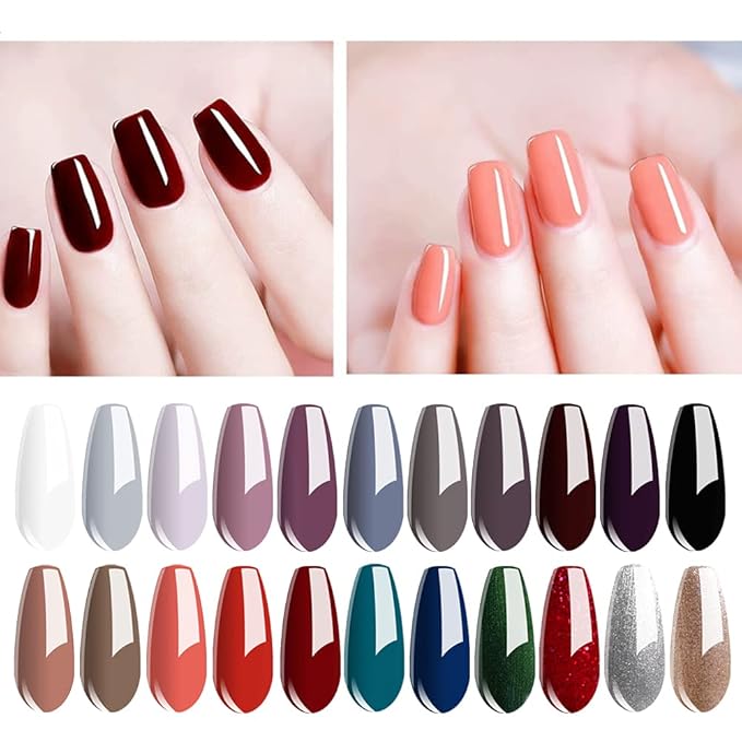 Vishine Gel Nail Polish Set - 22 Classic Colors, 8ml with No Wipe Base and Top Coat, 24 PCS Soak Off Gel Nail Starter Kit