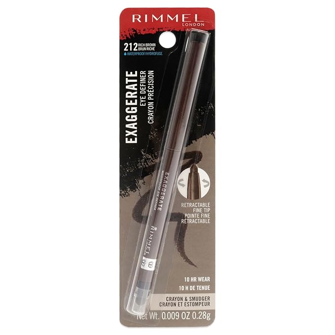 Rimmel London Exaggerate Waterproof Eye Definer Eyeliner, Highly Pigmented, Long-Wearing, Built-In Smudger, 212, Rich Brown, 0.01oz