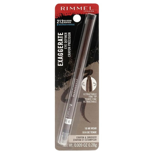 Rimmel London Exaggerate Waterproof Eye Definer Eyeliner, Highly Pigmented, Long-Wearing, Built-In Smudger, 212, Rich Brown, 0.01oz