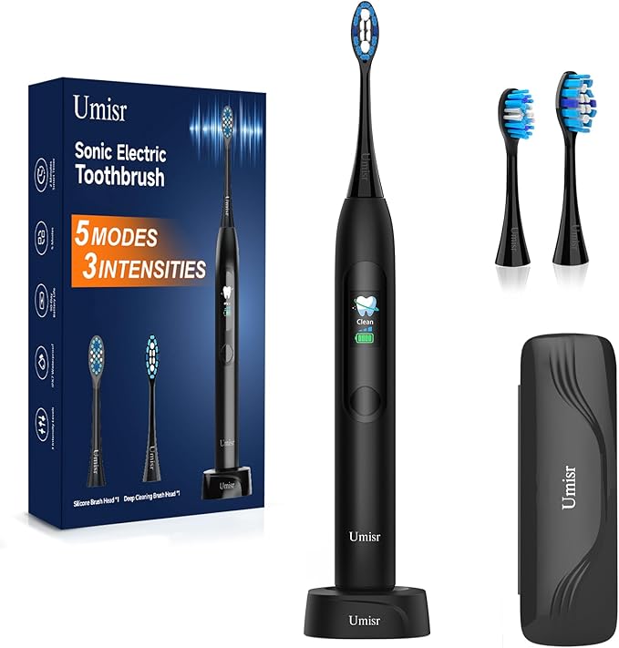Electric Toothbrush for Adults - 90 Day Battery Life, Rechargeable Sonic Toothbrushes with Pressure Sensor, Smart Screen Travel Electric Toothbrush with Case, 5 Cleaning Modes & 3 Intensities Settings