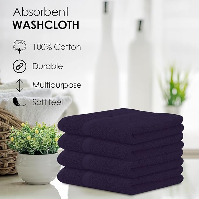 Avalon Towels Cotton Washcloths – (Pack of 36) Size 12x12 Inches, 100% Ring Spun Cotton, Soft & Absorbent Face Towels, Gym Towels, Hotel and Spa Quality, Reusable Fingertip Towels (Plum)