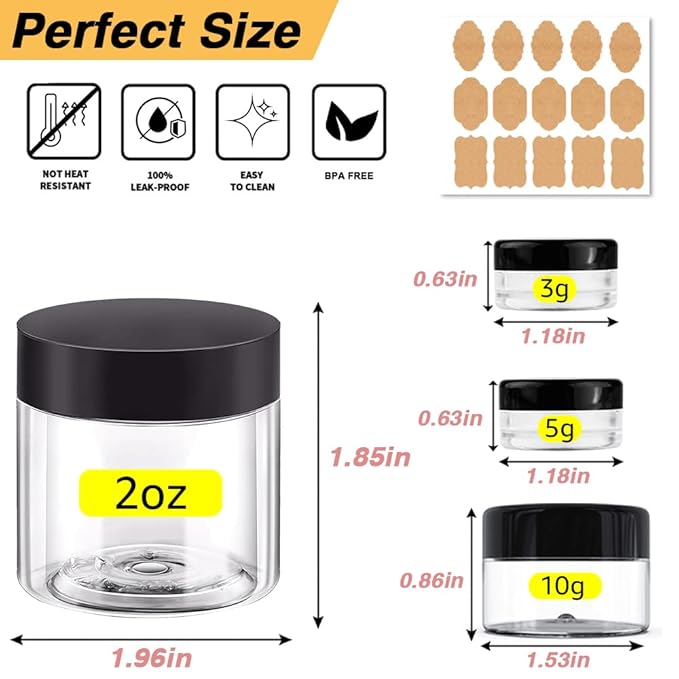 2 oz Plastic Containers with Lids 100pcs Plastic Jars with Lids + 3/5/10 Gram 24pcs Sample Containers Travel Jar– Great for Lip Scrub, Body Butters, Cream, Lotion, Labels & Spatulas (124 Pack)