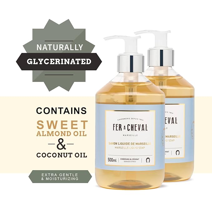 Fer à Cheval Marseille Liquid Soap, Luxury French Liquid Soap, Savon Liquide De Marseille, Seaside Citrus 500ml, Set of 2, 16.9 f oz