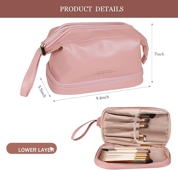 Abiudeng Large Capacity Makeup Bag Ladies Cosmetic Bag Travel Bag with Compartments Portable PU Leather Travel Makeup Bag with Handle