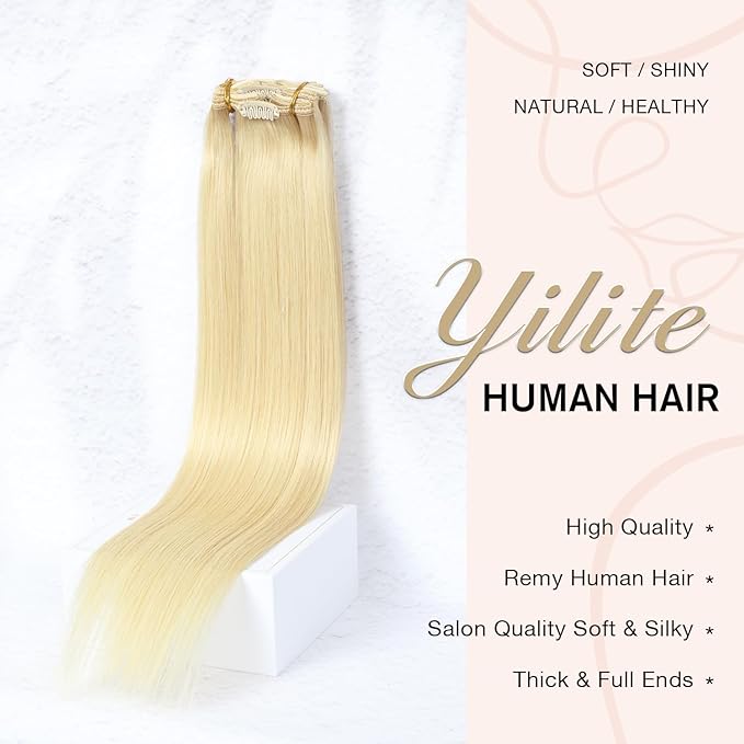 YILITE Clip in Hair Extensions Real Human Hair 16inch 70g 7Pcs #613 Bleach Blonde Clip On Hair Extensions Remy Human Hair Clip ins for Women seamless Natural Human Hair Extensions Clip in Double Weft