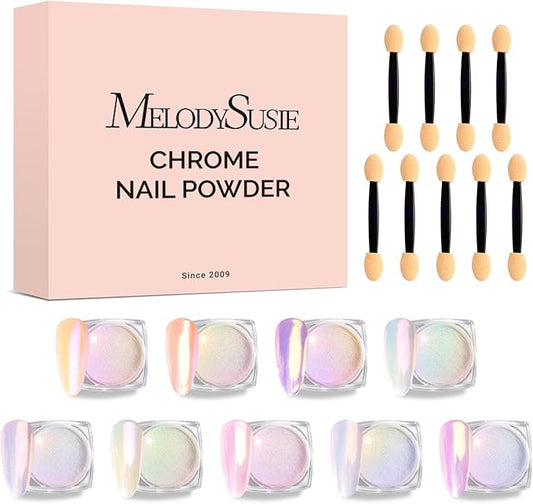 MelodySusie 9Pcs Unicorn Chrome Nail Powder,Ice Transparent Aurora,Mirror Effect,Color Changing Pearlescent,Multi-color Chrome Rainbow Pigment Super Shiny,Suitable for Home DIY Nail Salon
