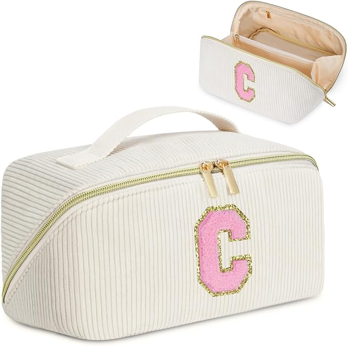 Personalized Inital Preppy Cosmetic Bag, Stuff Bag Large Capacity Makeup Travel Bag Pouch Personalized Cute Quilted Makeup Bag Birthday Gifts for Women/Friend/Mother/Wife - C