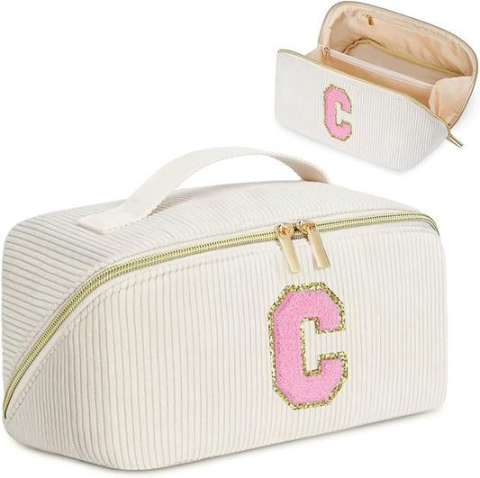 Personalized Inital Preppy Cosmetic Bag, Stuff Bag Large Capacity Makeup Travel Bag Pouch Personalized Cute Quilted Makeup Bag Birthday Gifts for Women/Friend/Mother/Wife - C