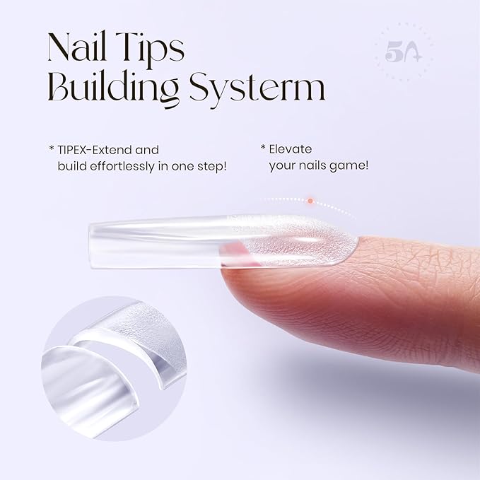 Tipex Nail Tips Kit,Pre-etched Acrylic Hard Nail Tips Set for Beginners,Long Square Full Cover Press On Nails,Deep C Curve Flat Nails,UV Nail+Glue+LED Lamp+Base Gel