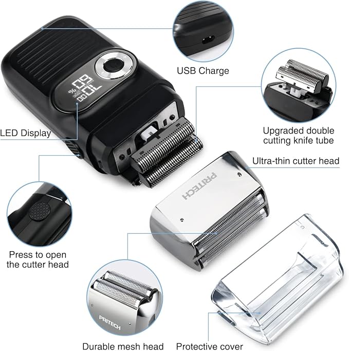 PRITECH Foil and Bald Shavers 2 in 1 Electric Shaver for Men Foil Blade and PopupTrimmer with Rechargeable 3 Adjustable Speeds Men's Shaver (Black Silver)