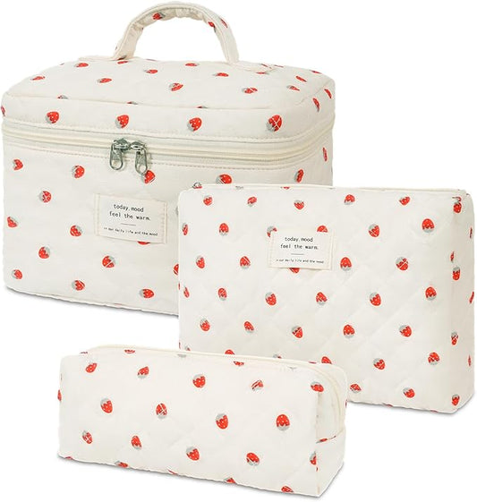 Quilted Makeup Bag Set, 3PCS Cosmetic Organizers for Women, Travel Toiletry Bags with Zipper Closure, Coquette Floral Make up Pouch
