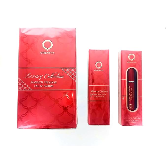 Orientica AL HARAMAIN Amber Rouge 4-Piece Set for Unisex, (2.7 Oz Eau De Parfum Spray + 0.34 Oz Eau De Parfum Travel Spray + Atomizer + Bag) Luxury Collection