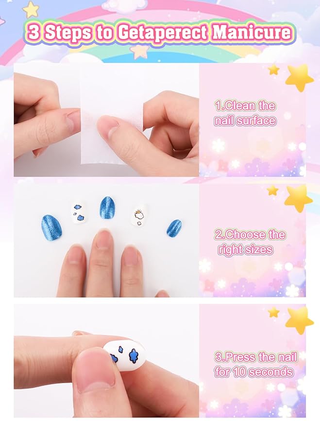 72 Pieces Press on Nails for Kids, EBANKU 3 Pack Kid Fake Nail Kit Blue Bear Cat Flower Press on Nails for girls 8-12 Years with Jelly Nail Adhesives