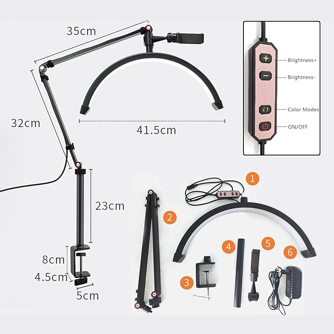 Desk Lash Light, Adjustable Brightness Half Moon Lamp, Adjustable Height Lash Lamp for Eyelash Extensions, Tattoo Artists & Nail Tech, 16in