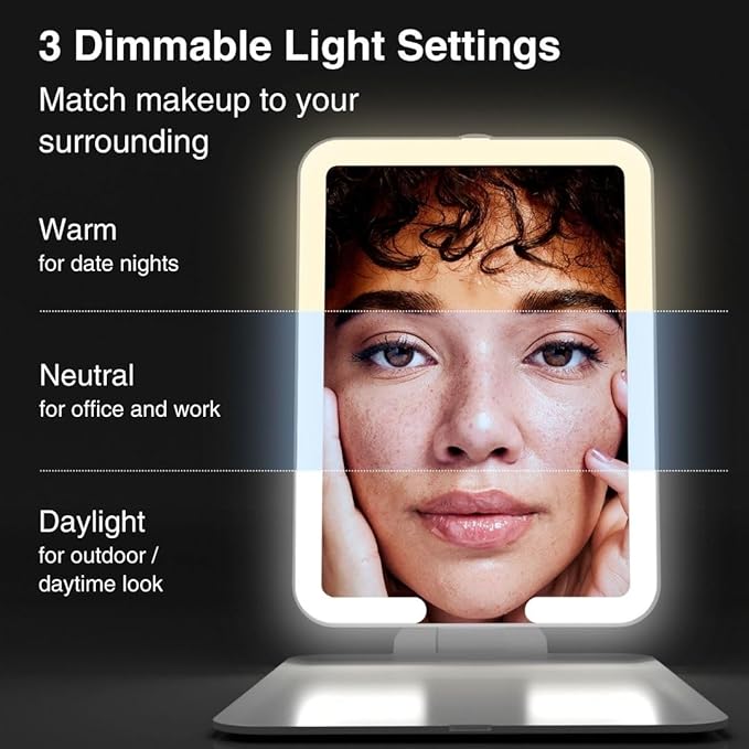 Fancii Rechargeable Travel Makeup Mirror with Bright LED Lights and 3 Color Modes - Ultra Thin, Portable and Lightweight, Touch Dimming, Compact Folding Mirror, Lighted Vanity Mirror, Nora Mini