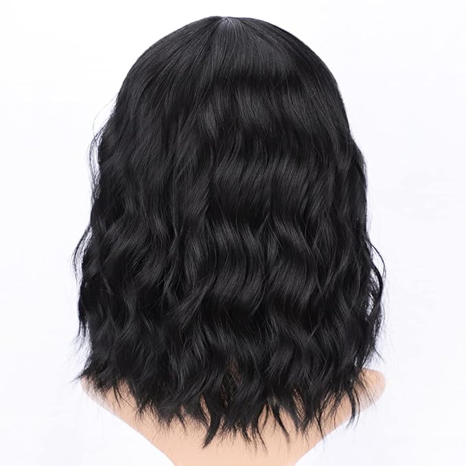 AISI HAIR Bob Curly Wig Synthetic Short Black Wig with Bangs Natural Looking Heat Resistant Fiber Hair for Women