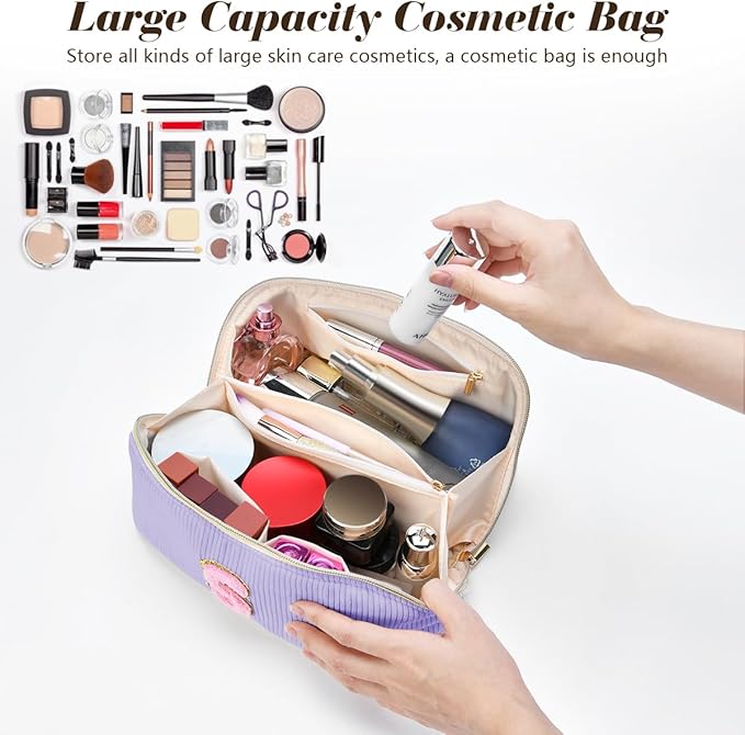 Gifts for Girls, Initial Travel Makeup Bag Women's Day Gift Make up Bag Cosmetic Bags Monther's Day Gifts, Personalized Stuff Bag Cute Makeup Bag Birthday Gifts for Women/Friend/Mother Purple - T