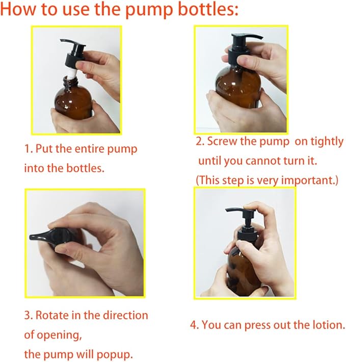 4 Pack 8 oz Amber Glass Pump Bottles, Boston Round Bottles with Pumps for Lotion, Soap, Massage Oils, Refillable Containers with Caps