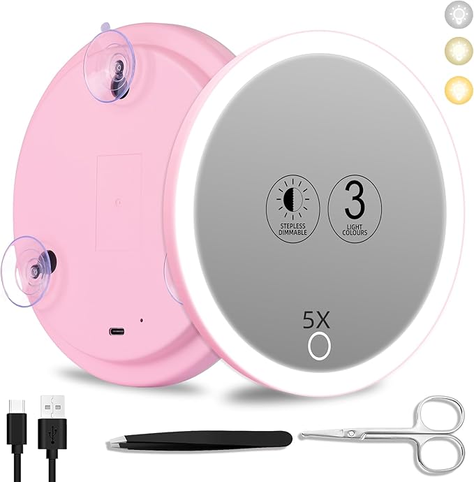 5x Lighted Magnifying Mirror with Suction Cups, Large 6'' Magnified Mirror with Light High Magnification Travel Makeup Mirror, Rechargeable Battery, 3 Colors Dimming Light, with Tweezers &Scissors
