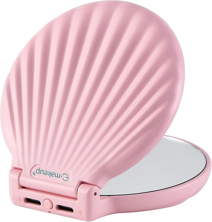 Shell Travel Mirror with Lights and 10x / 2X Magnification, Mini Makeup Mirror LED Lighted, Dimmable, Rechargeable Compact Mirror for Pocket, Patented Design Gifts for Mom/Daughter (Pink Electric)