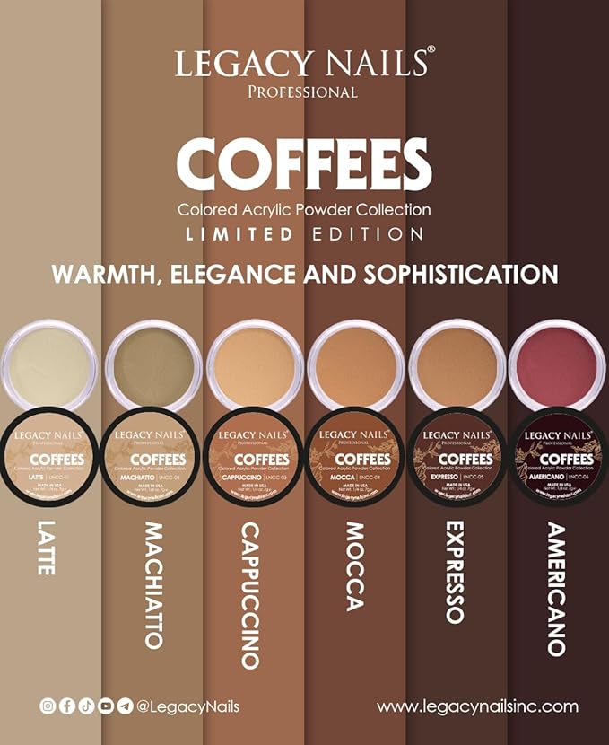 Legacy Nails Professional COLLECTION Acrylic Powder Kit 6 Colors Nail Art Set for Manicure DIY for Dip & Acrylic Nail Extensions (COFFEES COLLECTION)