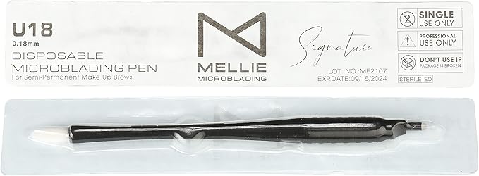 M PACK Of 10 Mellie's Signature Microblading Disposable Pen - U SHAPE .18mm - Sterile - Sharp Blade & Non Slip Grip With Pigment Sponge - 18U Microblading Needles