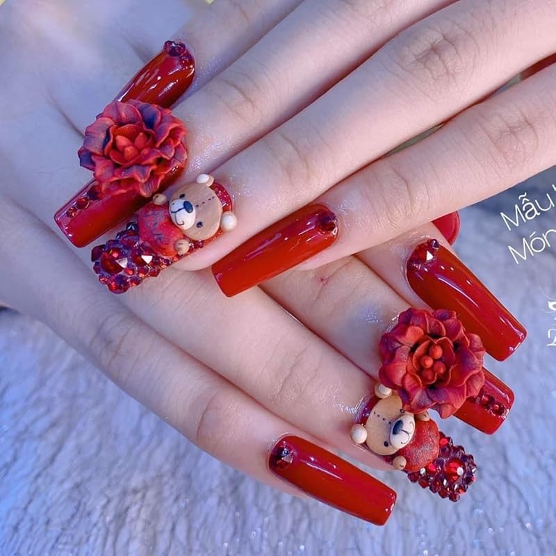 3D Acrylic Valentine Bear Character Nail Art Charms Handmade by Acrylic Powder - 24pcs Flowers Nail Rhinestones Kit 3D Crystal Nail Pearls Design Acrylic Nail Art for Women (Valentine)