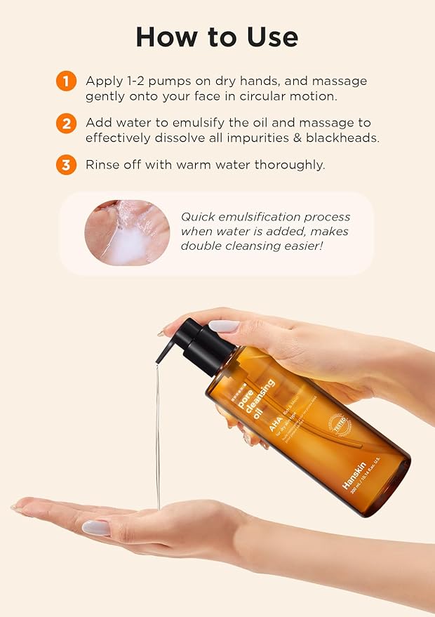 Hanskin AHA Pore Cleansing Oil for Dry Skin, Exfoliating, Waterproof Makeup Remover Facial Cleanser, Moisturizing for Soft Skin, Korean Skincare [AHA/10.14 oz.]