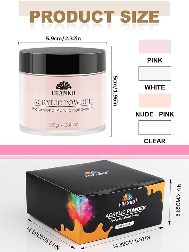 EBANKU Acrylic Powder Set 4 Colors Acrylic Nail Powder Nude Pink White Clear Acrylic Powder for Acrylic Nail Extension Nail Carving, Long-Lasting, No Nail Lamp Needed, Large Capacity 4.23oz*4