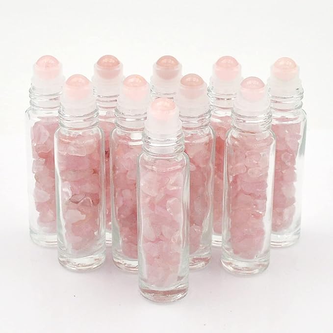 Essential Oil Roller Bottle 10ml w EVA Carrying Travel Case（Clear Glass Bottle with silver Cap、10pack、Gemstone Roller Balls、Healing Crystal Chips Inside、Opener)Gemstone Roller Ball Bottles