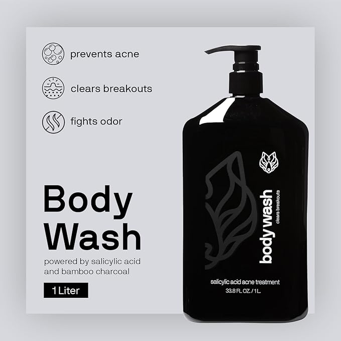 Black Wolf Charcoal Powder Body Wash for Men, 1 Liter - Charcoal Powder & Salicylic Acid Reduce Acne Breakouts & Cleanse Your Skin from Toxins & Impurities - Rich Lather for Full Coverage, Deep Clean