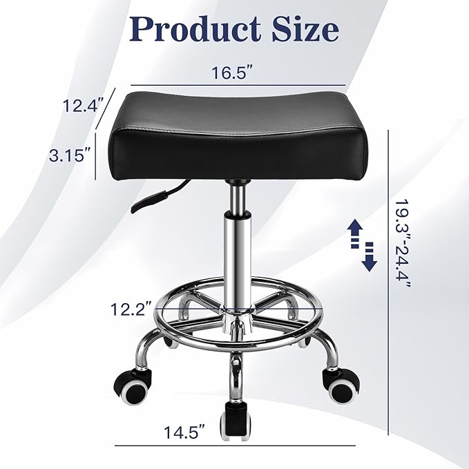 Black Square Salon Rolling Stool - 300lbs Weight Capacity，Adjustable Swivel Stool With Wheel，Pu Leahter Comfortable Cutting Stools For Salon Tattoo Stylist Massage Perfect for Work SPA (Premium black)