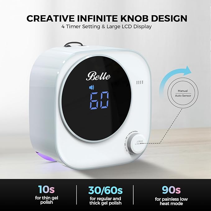 Belle UV Gel Nail Lamp - LED with 4 Timer Modes, Salon-Quality Nail Curing Light for Home and Professionals