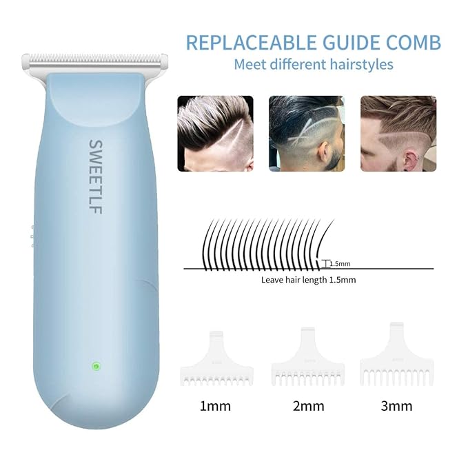 SweetLF Hair Clippers, Silent Cordless Hair Trimmer, Mini Hair Cutting Kit with 3 Guide Combs, USB Rechargeable, Portable, Blue