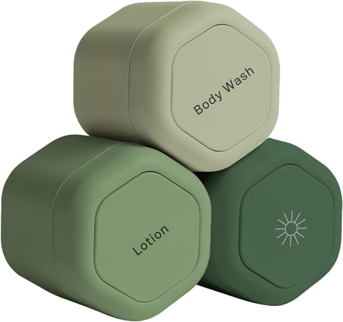 Cadence Travel Containers - Body Care Capsule Set - Magnetic Travel Capsules - For Body Wash, Lotions, Sunscreens - 3 Flex Mediums (1.32oz) with Body Wash, Lotion, & Sun Icon Labels - Evergreen