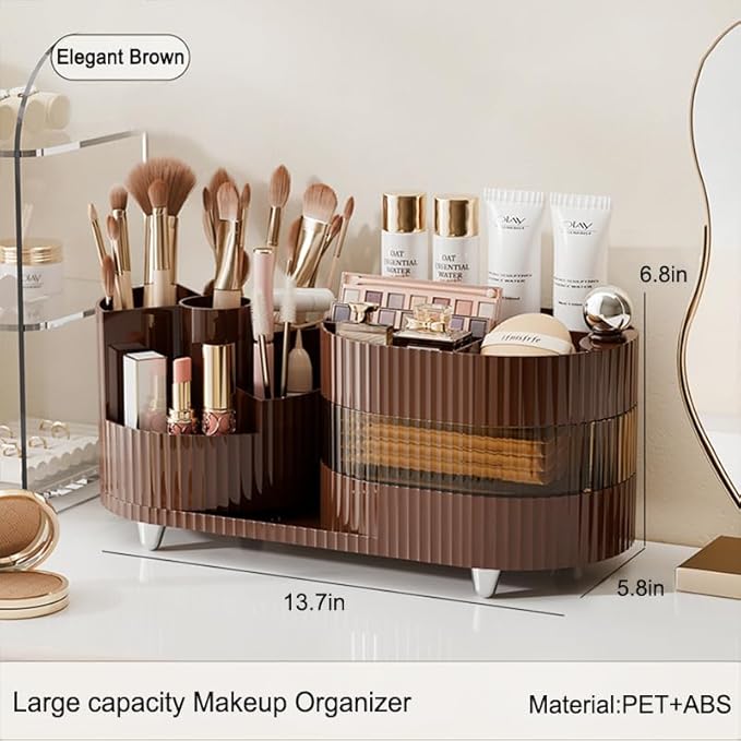 Rotating Makeup Organizer for Vanity with Brush Holder and Drawer, 3 Layer Cosmetic Makeup Storage, Large Makeup Skincare Organizer, Countertop Makeup Perfume Organizer, Lotions Display Case (Brown)