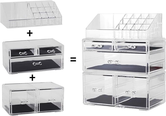 Sooyee Makeup Organizer,Acrylic Cosmetic Organizer Storage Drawers Jewelry and Cosmetic Display Cases Box(5 Drawers 7 Tiers) 3 Pieces Stackable,Clear