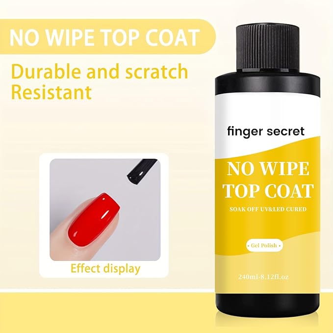240ml/8floz No Wipe Gel Top Coat for Gel Nail Polish, Quick Dry Clear Nail Polish, Nail Supplies for DIY in Salon or Home Use.